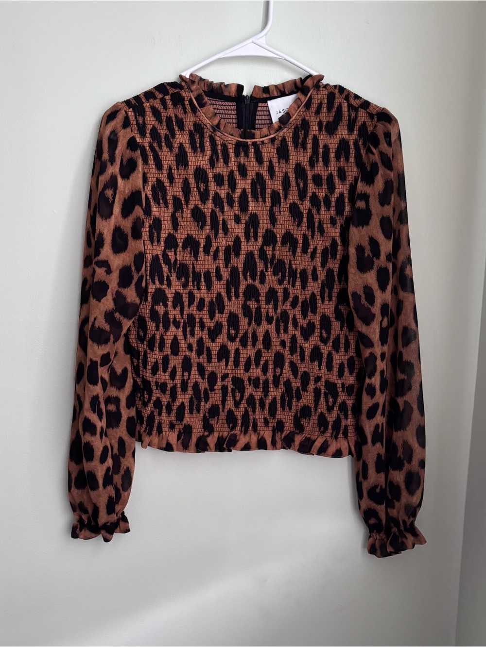 Jason wu nwt Leopard Print Smocked Long-Sleeve Top in Brown/Black size S